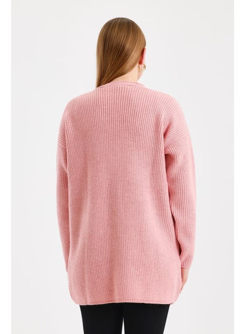 Odelon Women's Buttoned Oversize Pocket Long Pink Knitted Cardigan - Image 5